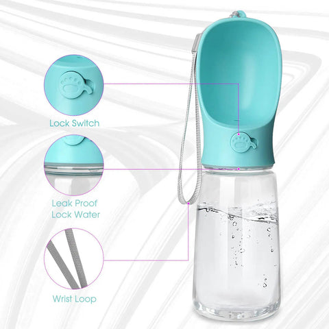 Leak Proof Dog Water Bottle For Outdoors, blue 19oz bottle with lock switch, built-in drinking feeder, wrist loop.
