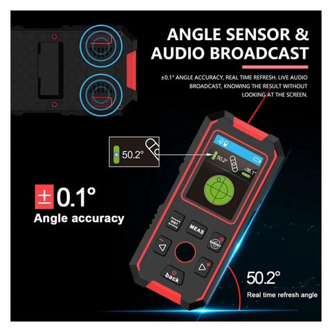 Straight Up 3 In 1 Stud Finder Wall Scanner With Digital Laser Ruler showing angle sensor display and audio features.