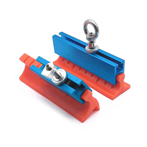 Close-up of blue metal pulling tabs from Paintless Dent Repair Kit For Auto Body Sheet Metal With Pulling Tabs Set Traceless Remover For Cars.