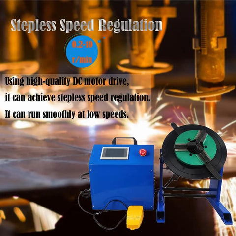 Heavy Duty Rotary Welding Positioner Turntable With Stepless Speed Control And Manual Tilt Design Featuring 320Mm Workbench For Rock Solid Stability And Top Shelf Fabrication Runs 110V 50Kg Capacity with control panel and motor.