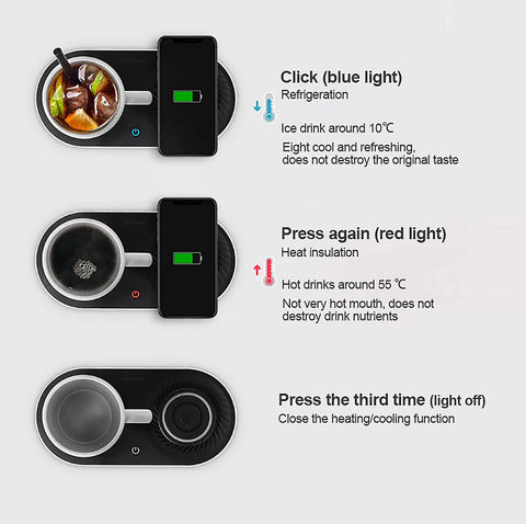 Slick Coffee Mug Warmer And Drink Cooler With Quick Wireless Charger 3 In 1 Electric Cup Heating Base shown with drink and smartphone.