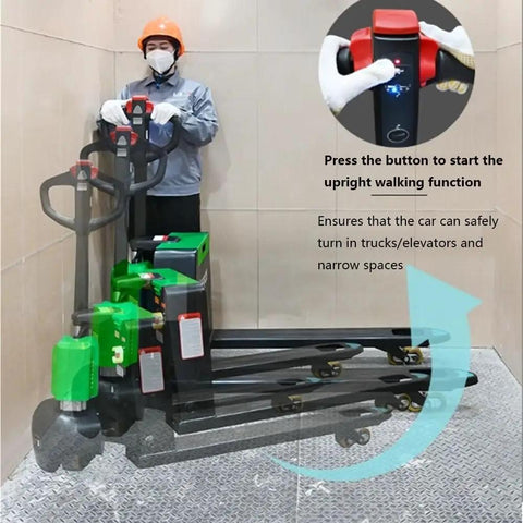 Top Tier Electric Pallet Jack With Big 3300 Lb Load And Long Run Lithium Battery For Smooth Forklift Style Lifting and maneuvering in elevator.