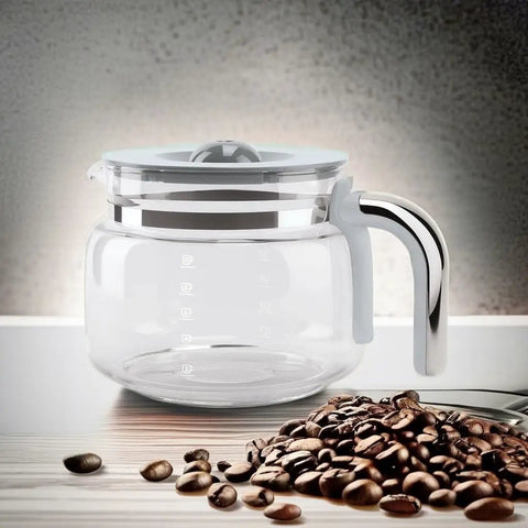 50s Retro Style Glass Coffee Carafe Replacement For DCF02 Overflow Coffee Maker with chrome handle, beside coffee beans.