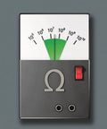 Analog resistance meter with Ohm symbol, scale from 10^5 to 10^10, green zone, and red switch, used for measuring electrical resistance.