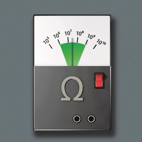 ESD resistance meter showing safe range for ESD Safe Kraftform Micro Phillips Screwdriver 1550 PH electronics protection.