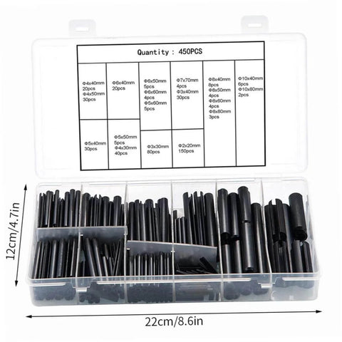 Assorted Roll Pins Kit Slotted Spring Dowel Pins 450 Piece Set In Plastic Storage Case For Cogs Wheels And Mechanical Projects