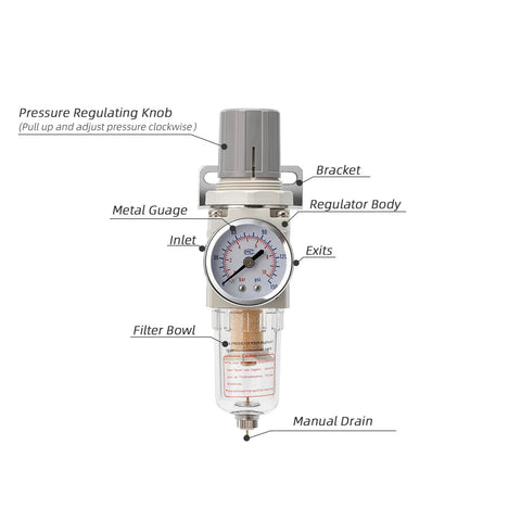 LNCHKA pneumatic air filter regulator combo, 1/4 in NPT, water separator, brass cartridge, manual drain