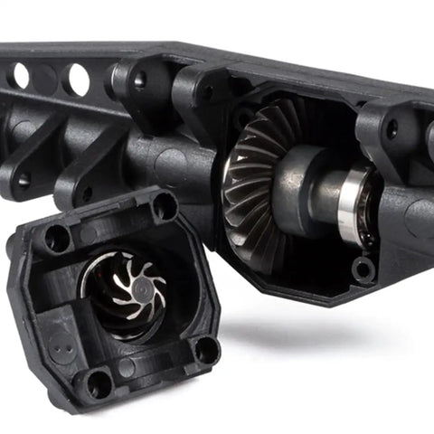 Overdrive And Underdrive Helical Axle Gear Set Upgrade For Axial RC Crawlers gear details with housing and bearings visible