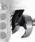 Close-up of High Impact Multi Tooth Forstner Drill Bit Set Forged In Heat Treated Tungsten Steel cutting through wood.