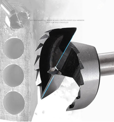 Close-up of High Impact Multi Tooth Forstner Drill Bit Set Forged In Heat Treated Tungsten Steel cutting through wood.