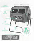Front view of Dual Chamber Outdoor Compost Bin No Fuss 43 Gallon Capacity Rotating Aerated Compost Tumbler BPA Free Material.