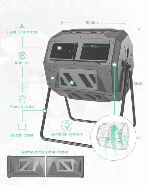 Front view of Dual Chamber Outdoor Compost Bin No Fuss 43 Gallon Capacity Rotating Aerated Compost Tumbler BPA Free Material.