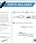 Parts included with Heavy Duty Steel Garage Wall Shelves 2-Pack 48 Inch By 24 Inch: grids, brackets, screws, tie straps, sticker.