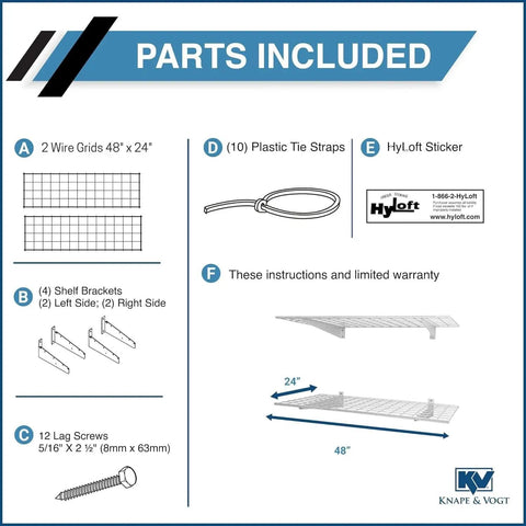 Parts included with Heavy Duty Steel Garage Wall Shelves 2-Pack 48 Inch By 24 Inch: grids, brackets, screws, tie straps, sticker.