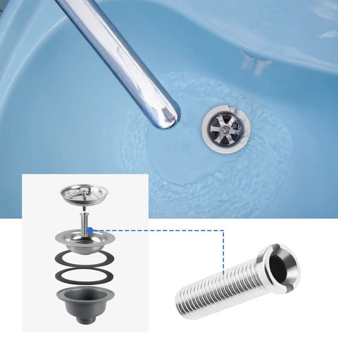 Two Pack Stainless Steel Sink Strainer Screws 304 Thickened Threaded Connector M12 for wash basin drainage, shown in use.