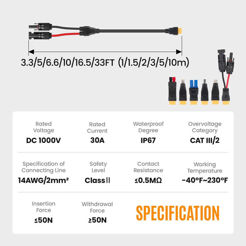 Specifications of 6 In 1 Solar Panel Connector Kit With DC5521 7909 8020 Anderson EC5 XT60 Adapters, waterproof, 5ft.