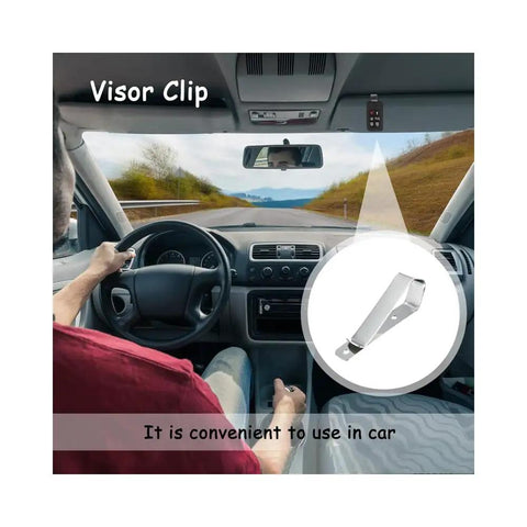 Six Pack Stainless Steel Sun Visor Clips With 3M Adhesive DIY Mount Kit For Photos And Documents Universal Car Home And Office Display Accessories Great Value shown in car with driver.