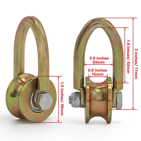 Heavy Duty 1.5 Inch Wire Rope Pulley With Duplex Bearing, U Type Pulley Wheel For Lifting And Home Gym Workouts, 330 Lbs Load Capacity Per Pulley, Galvanized Steel, Fits Ropes Under 0.6 Inch, shown with dimensions