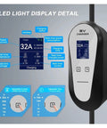 Detailed LED light display of Top Shelf 32 Amp 7Kw Portable EV Charger Level 2 Electric Vehicle Charging Station for Teslas.