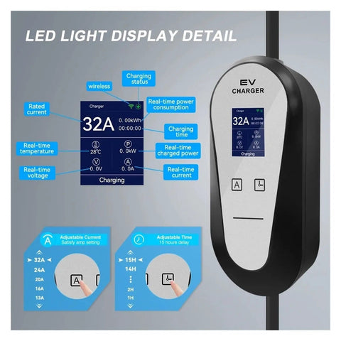 Detailed LED light display of Top Shelf 32 Amp 7Kw Portable EV Charger Level 2 Electric Vehicle Charging Station for Teslas.