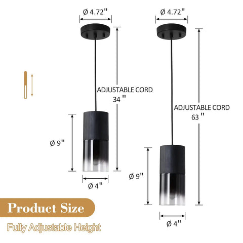 Size diagram of Black Industrial Pendant Lights 2 Pack With Adjustable Cords And E26 Sockets, showing dimensions.