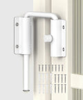 Lock Down Your Doorway With Heavy Duty White U Shaped Sliding Door Lock featuring tough anti pry rotating latch and installation screws.
