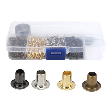 2mm Plated Copper Grommet Kit with mini eyelets and plastic storage box for shoelaces, belts, and craft projects, durable and rust resistant