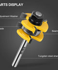 Rock Solid T Shape Tongue And Groove Router Bit Set One Quarter Inch Shank with tungsten steel shank and yellow blade components.