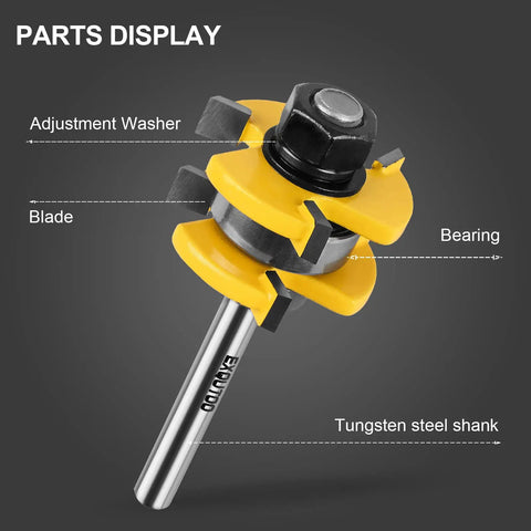 Rock Solid T Shape Tongue And Groove Router Bit Set One Quarter Inch Shank with tungsten steel shank and yellow blade components.