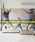 Family jumping on sofa, highlighting Four Pack Non Slip Rug Tape For Hardwood Floors And Tiles, Heavy Duty, Double Sided Adhesive Carpet Tape.