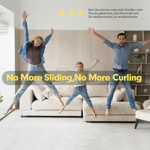 Family jumping on sofa, highlighting Four Pack Non Slip Rug Tape For Hardwood Floors And Tiles, Heavy Duty, Double Sided Adhesive Carpet Tape.