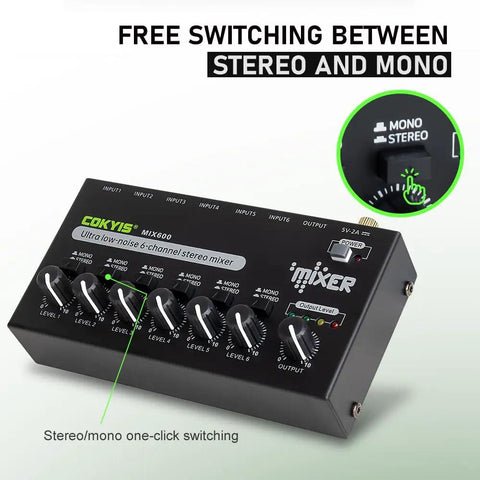 Six Channel Mini Audio Mixer with stereo mono switch for live gigs and home studios, ultra low noise, independent microphone control
