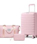 Front view of LARVENDER 3-piece orchid pink luggage set with hardside carry-on suitcase, duffel bag, and zip pouch
