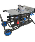 Trusted Contractor Workhorse 10 Inch Table Saw With 15 Amp Powerful Motor and 32.5 Inch Rip Capacity, featuring blue wheels and rack.