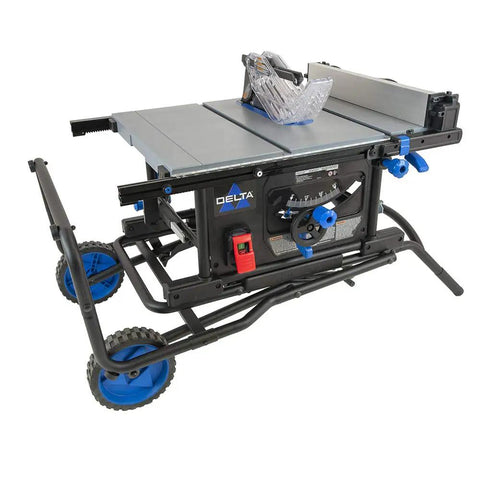 Trusted Contractor Workhorse 10 Inch Table Saw With 15 Amp Powerful Motor and 32.5 Inch Rip Capacity, featuring blue wheels and rack.