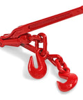Close-up of red Beefy Two Lever Binders For Tie Downs 3/8 To 1/2 Inch, Grade 70 Transport Chain Ready, 9,200 Lb Working Load Limit.