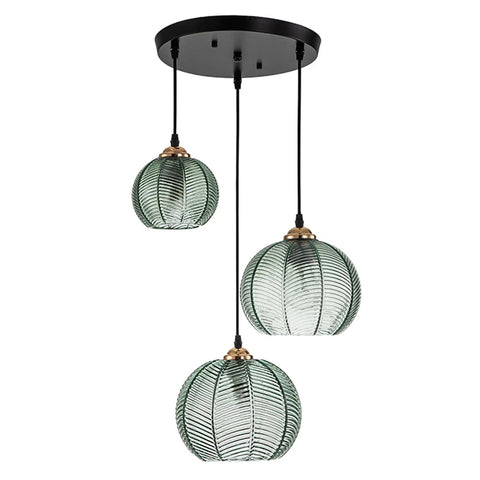Modern 3-Light Hand-Blown Green Glass Pendant Lighting Chandelier For Kitchen Island And Dining Room with ribbed glass shades