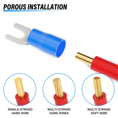 Blue 16 To 14 AWG Insulated Fork Spade U Type Wire Connectors Set, 300 Pcs Copper Crimp Terminals With Insulated Shell for wiring