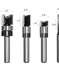 Precision Carbide Tipped Mini Flush Trim Router Bits With Bearing Guide One Quarter Inch Shank Four Piece Pro Gear Set For Woodworkers showing dimensions and cutting sizes.