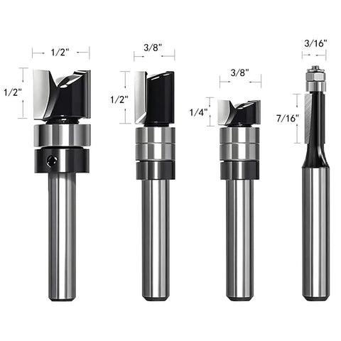 Precision Carbide Tipped Mini Flush Trim Router Bits With Bearing Guide One Quarter Inch Shank Four Piece Pro Gear Set For Woodworkers showing dimensions and cutting sizes.