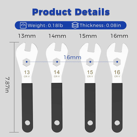 Ultra Thin Hub Cone Wrench Set 4 Pcs With 13mm 14mm 15mm 16mm Open End And 16mm Box End CrV Steel NiCr Plated, weight and size details