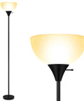 Tall Black LED Floor Lamp With Integrated LED Beads 70.1 Inches Torchiere For Living Room Bedroom Or Office E26 Base Eye Caring Energy Saving 9W Equivalent To 60W Bulbs Not Included, showing full view and close-up of resin shade