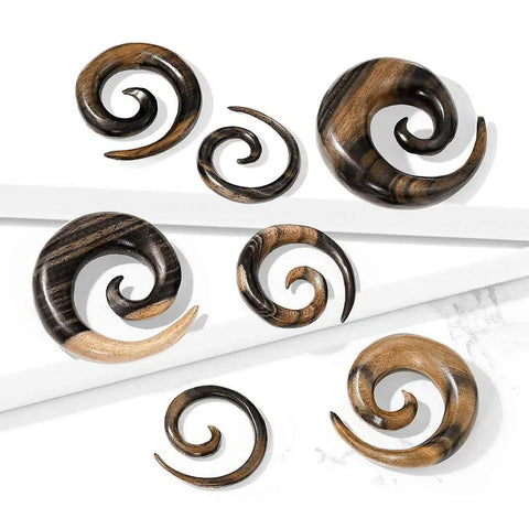 Striped Ebony Wood Spiral Tapered Hanger Ear Plugs Dope Natural Material Sold As A Pair 10Mm 00GA Size Comfortable Fit For Stretched Ears