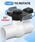 PVC ball valve with T-handle showing 90° rotation, part of 2-Pack One And One-Half Inch Slip PVC Ball Valves With Double Socket Full-Flow Port DIY Friendly Water Shut Off Valve With T-Handle Plastic Control Valve For Pool, Irrigation, Sewage Water Pipe