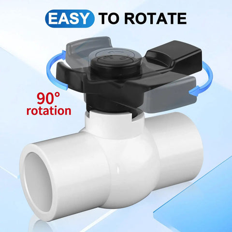 PVC ball valve with T-handle showing 90° rotation, part of 2-Pack One And One-Half Inch Slip PVC Ball Valves With Double Socket Full-Flow Port DIY Friendly Water Shut Off Valve With T-Handle Plastic Control Valve For Pool, Irrigation, Sewage Water Pipe