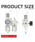 Dimensions of Heavy Duty Half Inch PT Pro Grade Built For Pros Compressed Air Filter Regulator Lubricator Combo shown