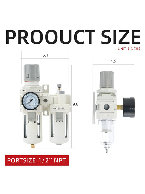 Dimensions of Heavy Duty Half Inch PT Pro Grade Built For Pros Compressed Air Filter Regulator Lubricator Combo shown