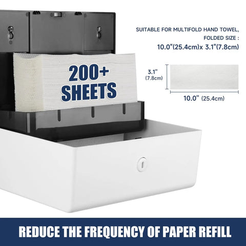 Heavy Duty 200 Sheet Multifold Paper Towel Dispenser With Easy No Drill Wall Mount Premium Abs Plastic showing 200+ sheets in white.