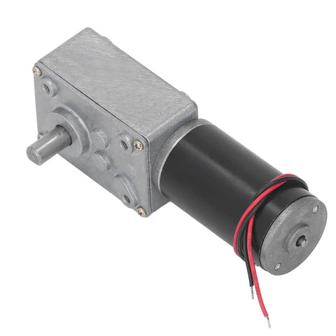 Real Deal DC12V Self Locking Gear Motor Featuring High Torque Metal Gears And Straight Up Single Shaft Speed Reduction Designed For Robotics Car Mods And Factory Automation Running A Smooth One Sixty RPM with a metallic casing and wires.