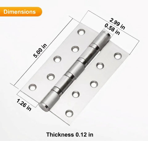 5 Inch Stainless Steel Swing Door Hinge With Silent Bearing For Interior Doors And Cabinets showing dimensions and design details.